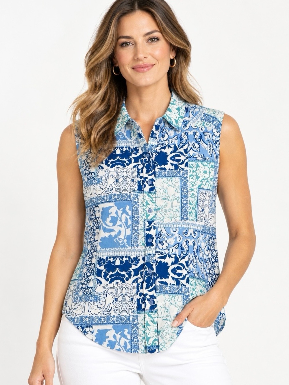 Maison d’Amélie Paris S Blue Scarf Print Sleeveless Button Down Blouse Coastal